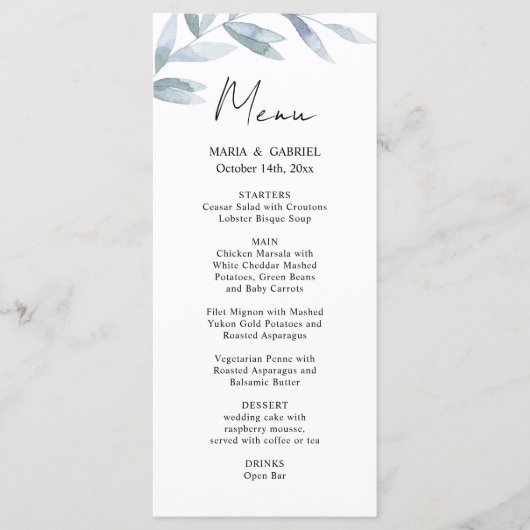 Branche aquarelle moderne. Carte de menu Mariage A (Devant)