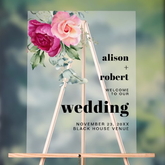 Branche avec rose rose gelé mariage WELCOME (Neutre)