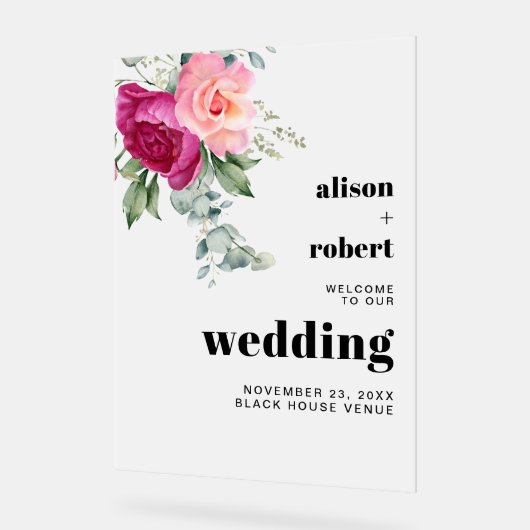 Branche avec rose rose gelé mariage WELCOME (Angle)