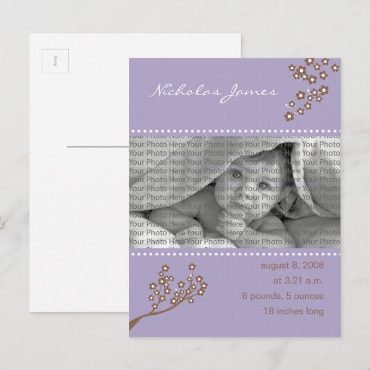 Branche de Faire-part de naissance pourpre de bébé (Devant / Derrière)