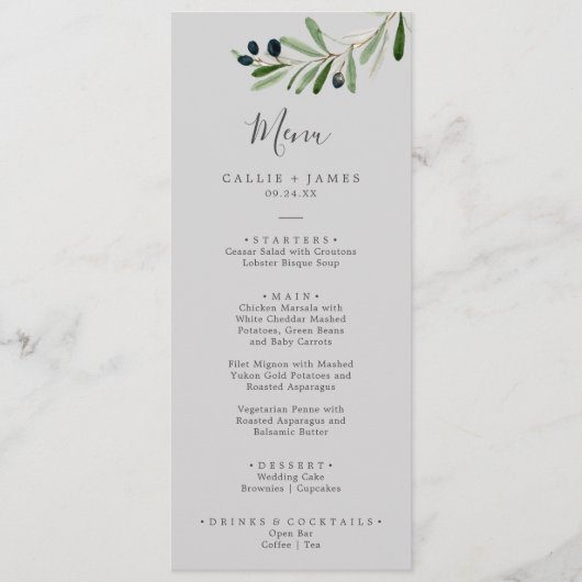 Branche d'olive moderne | Menu Dîner Mariage gris (Devant)