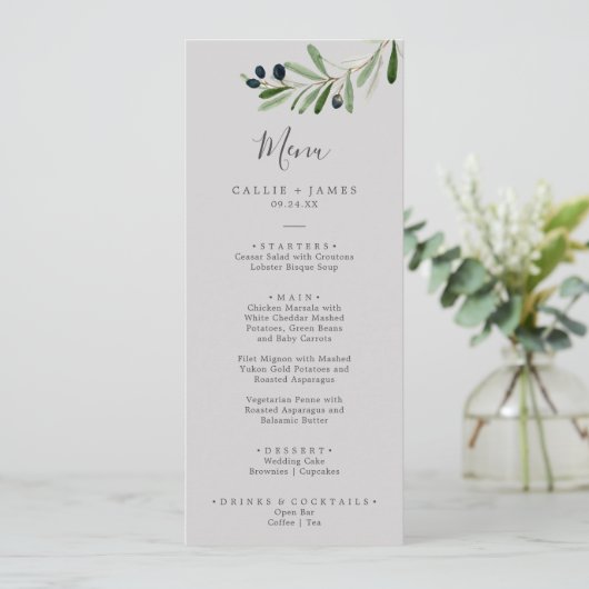 Branche d'olive moderne | Menu Dîner Mariage gris (Debout devant)