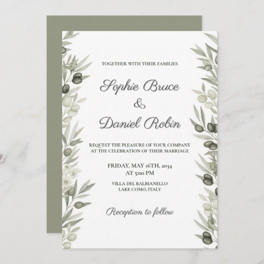 Branche d'olive rustique et Faire-part de mariage  (Devant / Derrière)