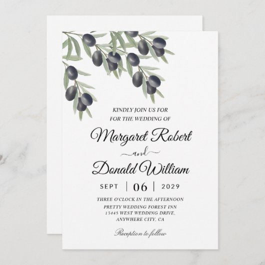 branche d'olivier noir eau mariage invitations (Devant / Derrière)
