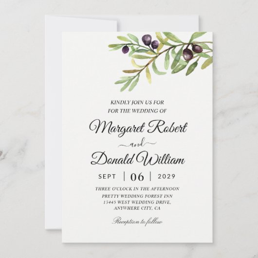 branche d'olivier watercolor invitations de mariag (Devant)
