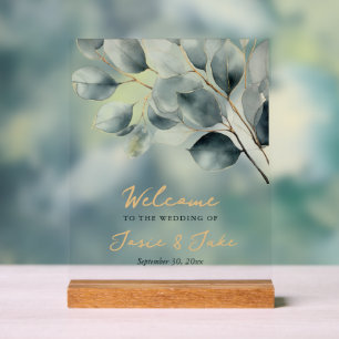 Branche Eucalyptus signe d'accueil vert et or