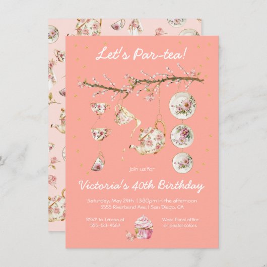 Branche Floral Tea Party Anniversaire Invitation (Devant / Derrière)