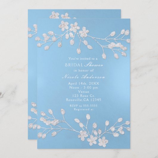 Branche Florale Bleue Douche nuptiale Invitations (Devant / Derrière)