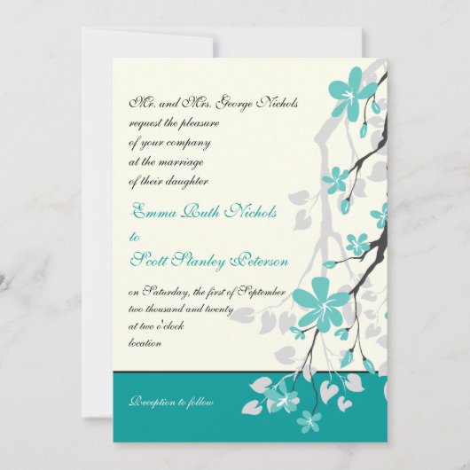 Branche Magnolia faire-part de mariage turquoise (Devant)