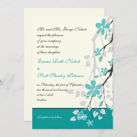 Branche Magnolia faire-part de mariage turquoise (Devant / Derrière)