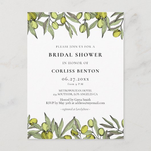 Branche Olive moderne Invitation de douche nuptial (Devant)