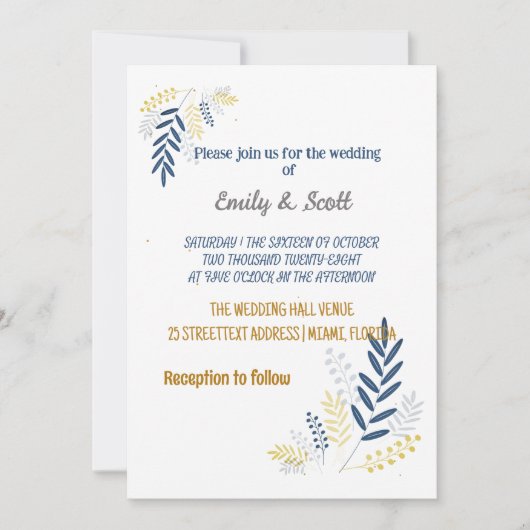 Branches bleu or Invitations de mariage (Devant)