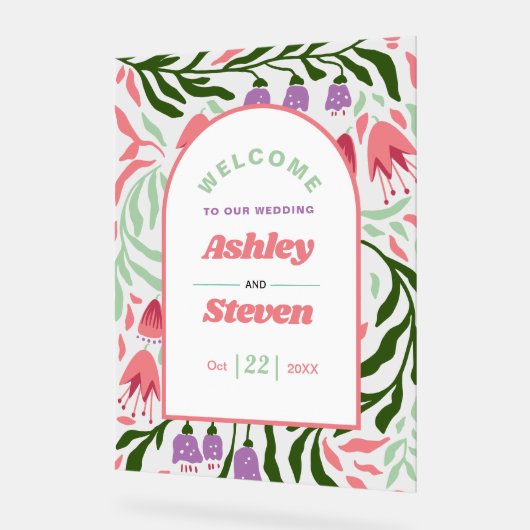 Branches boho rétro avec fleurs bienvenue mariage (Angle)