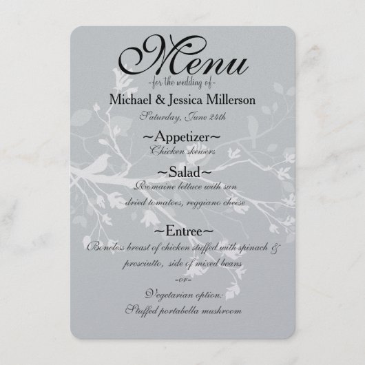 Branches d'oiseaux gris blanc Menu Mariage (Devant)