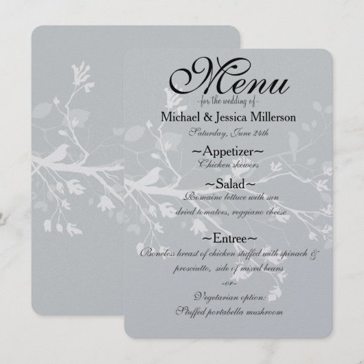Branches d'oiseaux gris blanc Menu Mariage (Devant / Derrière)