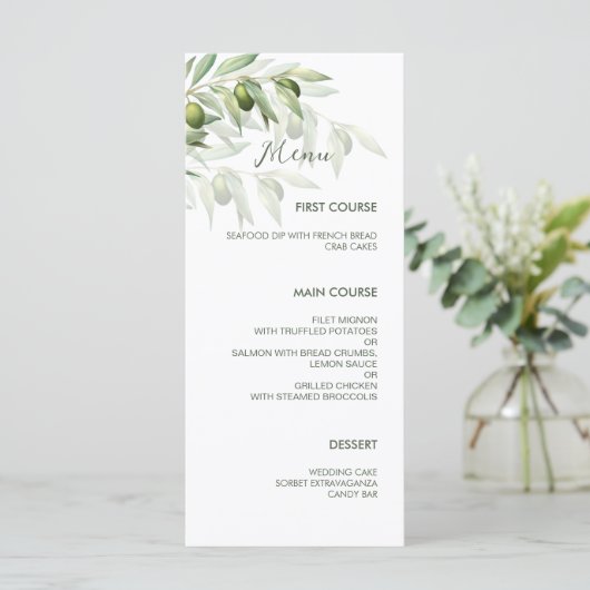 Branches d'olive Aquarelle Rustique Menu Mariage (Debout devant)