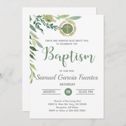 Branches d'olivier et invitation au baptême feuill (Devant / Derrière)