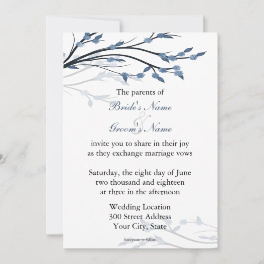 Branches Florales Bleues Invitations de mariage (Devant)