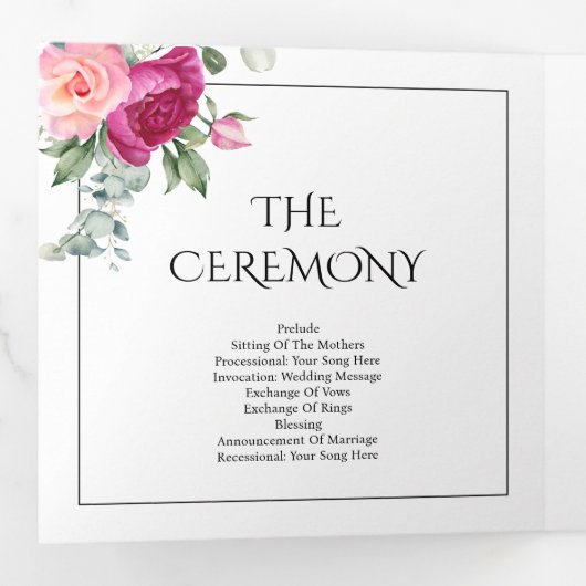 Branches met roze rozenbloemen bloemenbruiloft drieluik programma (Binnenzijde eerst)
