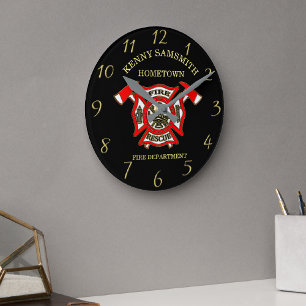 Brandafdeling Goud en rode badge met brandassen Ronde Klok