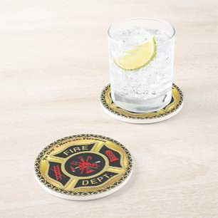 Brandafdeling logo, zwart en gouden badge zandsteen onderzetter