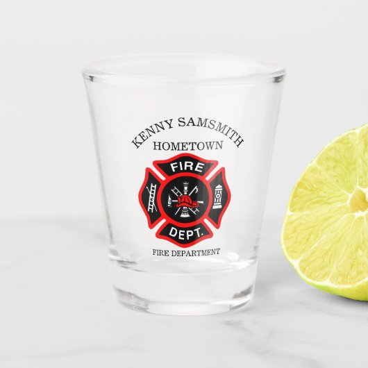 Brandafdeling logo, zwarte en rode badge shot glas (Voorkant)