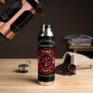 Brandafdeling logo, zwarte en rode badge waterfles