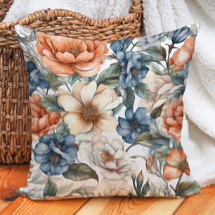 Brande Oranje Cream Dusty Blue Waterverf Floral Kussen