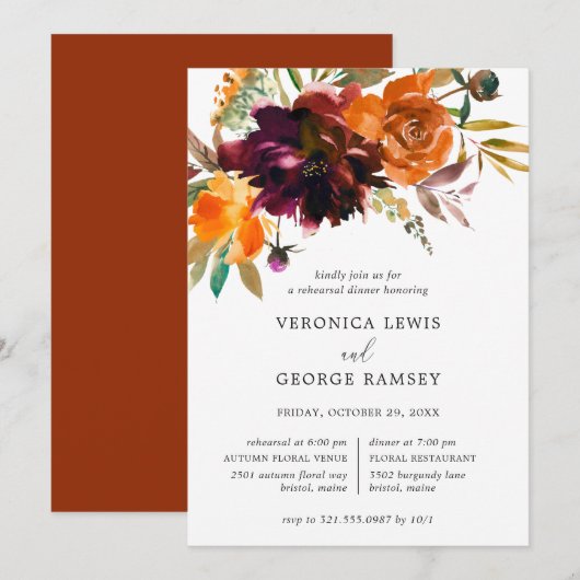 Brande Oranje Herfst Floral Rustic Rehearsal Dinne Kaart (Voorkant / Achterkant)