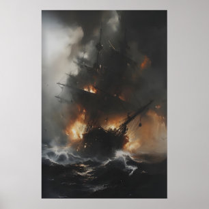 Brandend piratenschip in stormachtige oceaan Gotis Poster