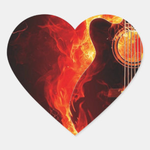 Brandende gitaar, oranje vlammen muziek rockband hart sticker