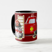 Brandweergnoom met kleine rode brandweerwagen mok (Voorkant links)