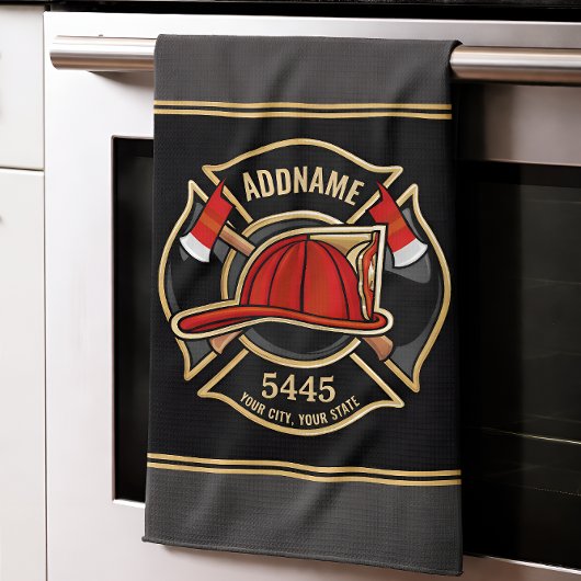 Brandweerman ADD NAME Brandweerpost Badge Theedoek