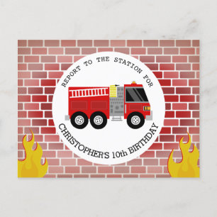 Brandweerman Bricks Brandweerwagen Vlammen Verjaar Uitnodiging Briefkaart