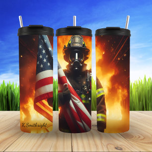 Brandweerman dapperheid Patriottische vlag ontwerp Thermosbeker