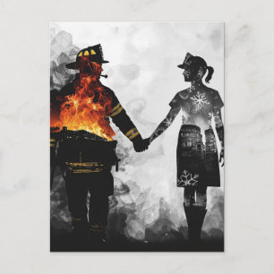Brandweerman en verpleegster koppel silhouet kunst briefkaart