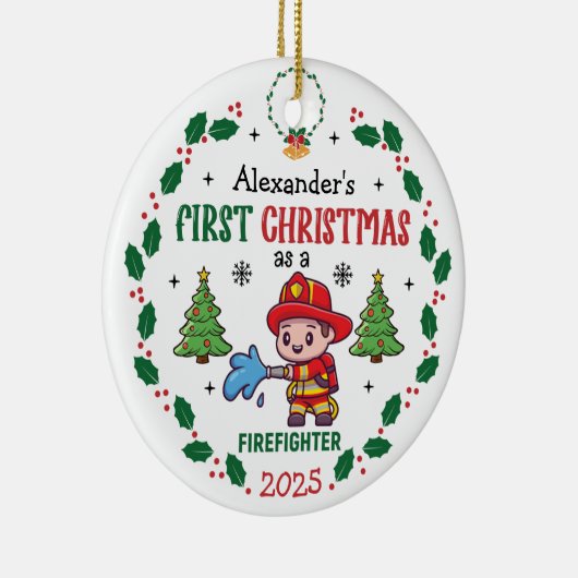 Brandweerman First Christmas Custom Name Keramisch Ornament (Rechts)