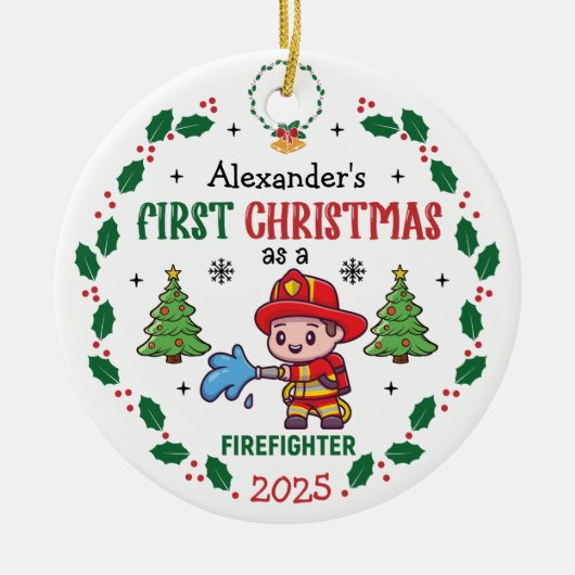 Brandweerman First Christmas Custom Name Keramisch Ornament (Voorkant)