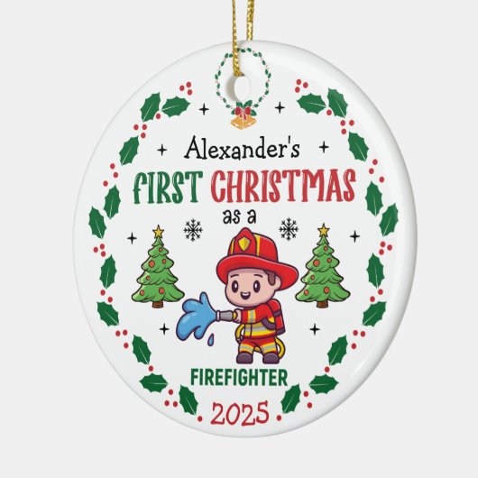 Brandweerman First Christmas Custom Name Keramisch Ornament (Links)