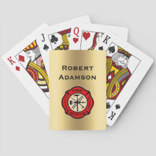 Brandweerman met embleem en gepersonaliseerde naam pokerkaarten