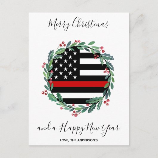 Brandweerman Thin Red Line Moderne Kerstmis Wreate Feestdagenkaart (Voorkant)