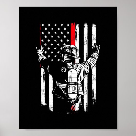 Brandweerman Thin Red Line VS Amerikaanse vlag Poster (Voorkant)