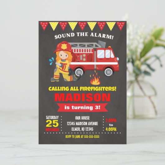 Brandweerman Verjaardag Uitnodiging Meisje schoolb (Staand voorkant)