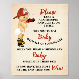 Brandweerman zeg geen baby kledingklemmetje douche poster
