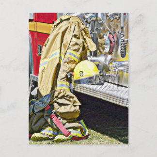 Brandweeruitrusting en vrachtwagen briefkaart