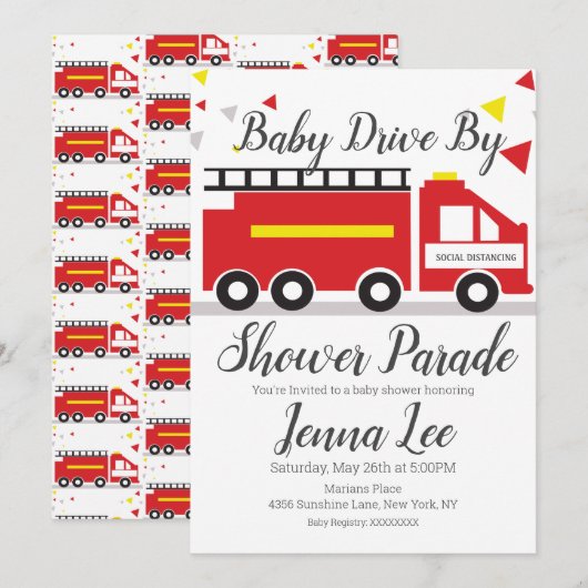 Brandweerwagen Baby Shower Parade Kaart (Voorkant / Achterkant)
