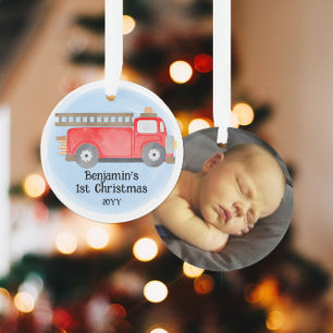 Brandweerwagen Baby's 1e Kerstmis Foto Aandenken Ornament