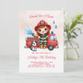 Brandweerwagen Brandweerman Meisje 5e Verjaardag Kaart (Staand voorkant)