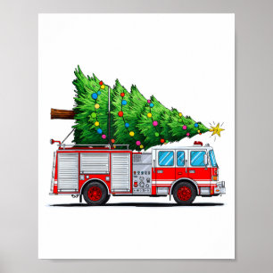 Brandweerwagen Kerstboom Kerstlichten Brandweerman Poster