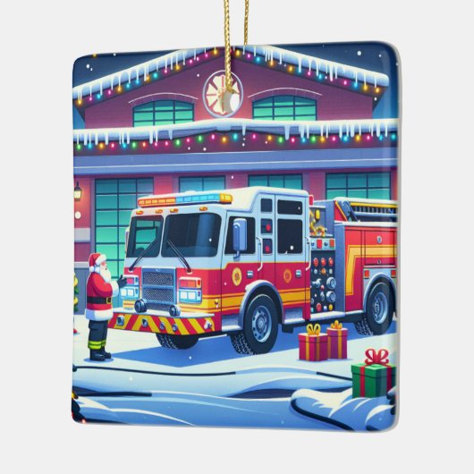 Brandweerwagen Kerstman en Kerstboom Keramisch Ornament (Links)